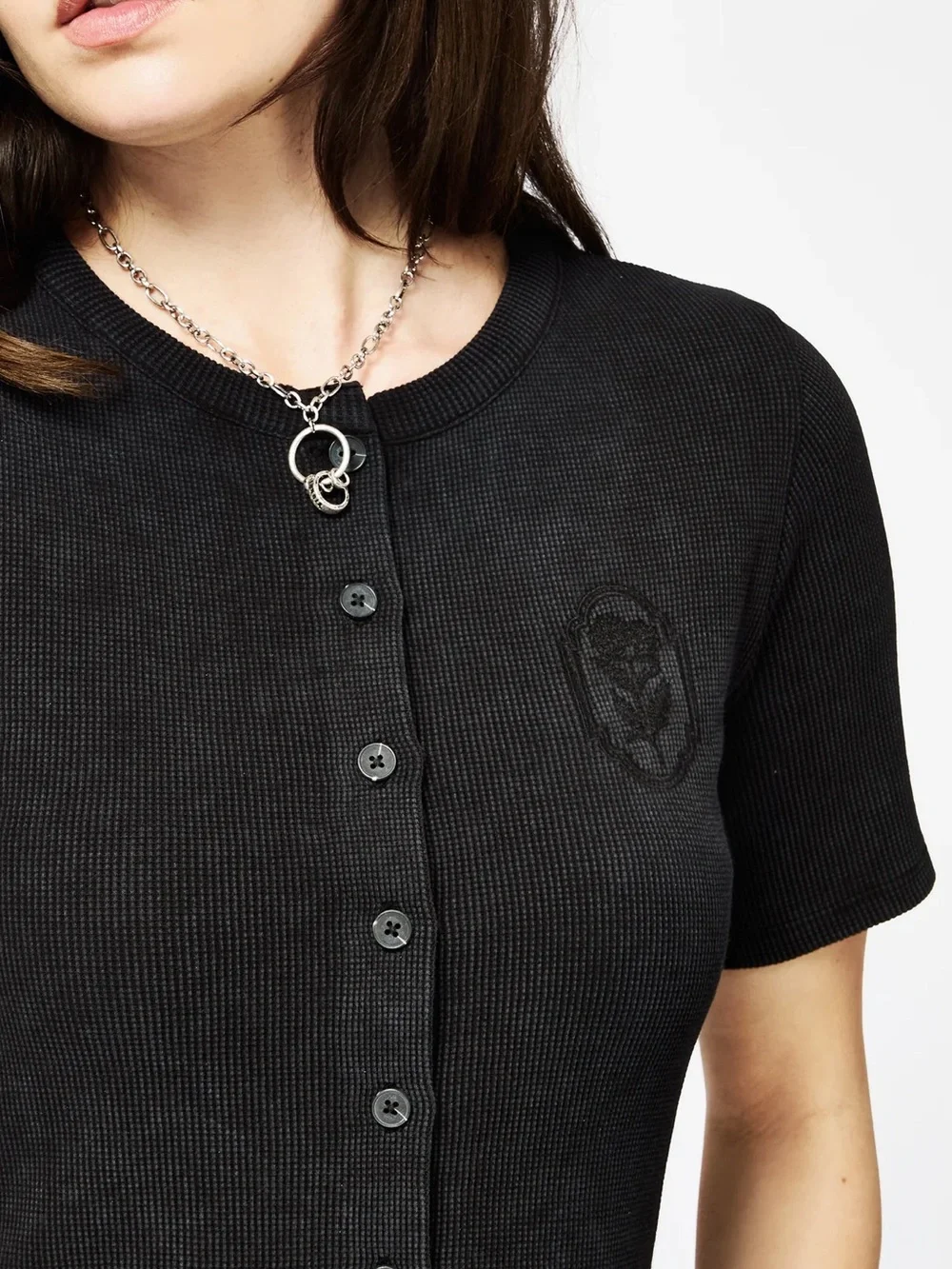 Disturbia Faye Cotton-Blend Floral
Embroidered Waffle Button Up Top - Picture 2 of 5